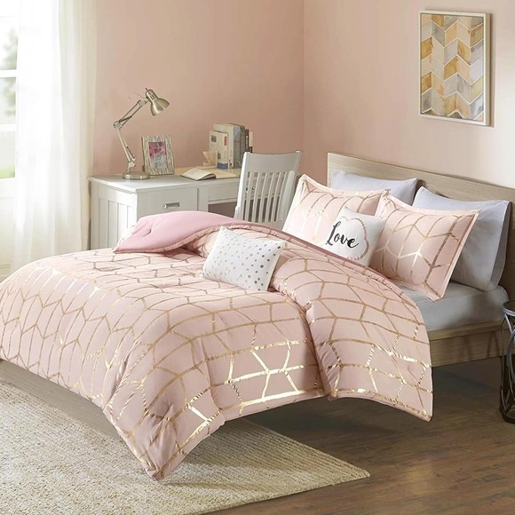 ID Microfiber 3 pc DUVET Set Full/Queen Pink with Gold Metallic - Picture 1 of 4